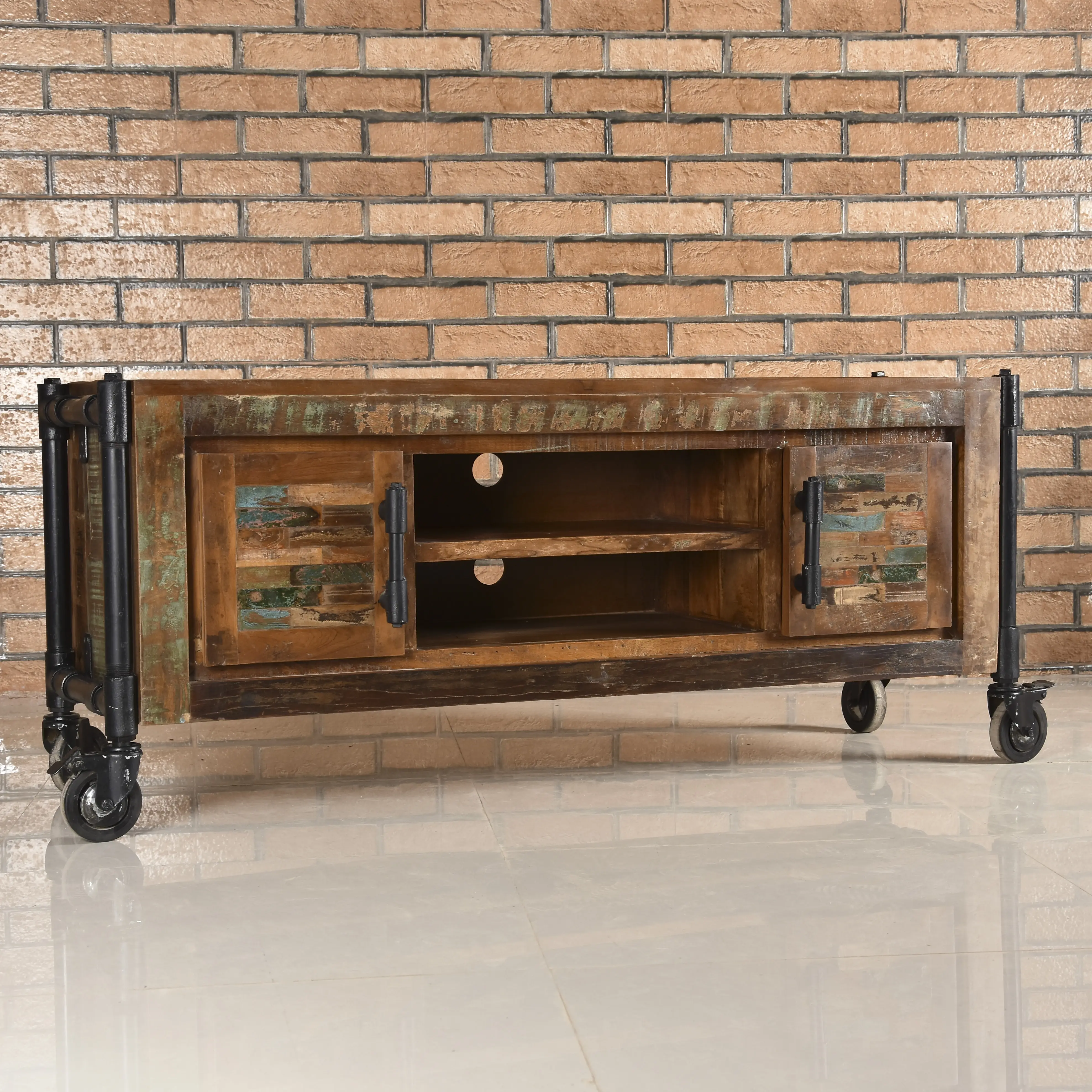 Reclaimed Wood Wide Screen T.V. Cabinet with 2 Doors on Rollers - popular handicrafts
